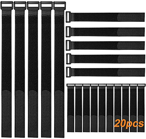 QitinDasen 20 Piezas Negro Nailon Cables Bridas Set, Correas de Cable Reutilizables, Tiras de Cable Ajustables, Ataduras de Cable Multiusos con Gancho y Bucle (20 cm/30 cm/40 cm)