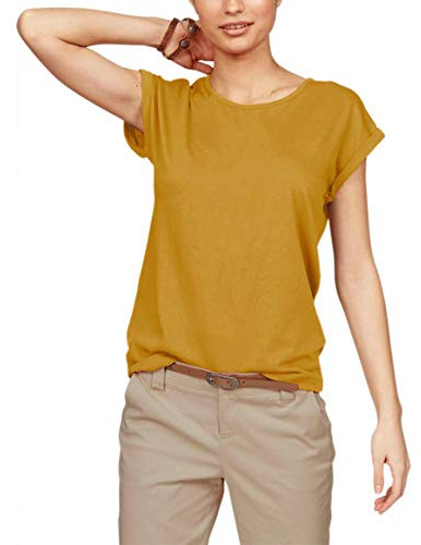 TrendiMax Damen T-Shirt Einfarbig Rundhals Kurzarm Sommer Shirt Locker Oberteile Basic Tops, Kurkuma, L