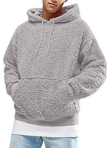Runcati Mens Fuzzy Sherpa Pullover Hoodie Sweatshirts Long Sleeve Sport Front Pocket Fall Outwear Winter Hooded (Large, Light Gray)