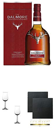 Dalmore Cigar Malt 0,7 Liter + Nosing Gläser Kelchglas Bugatti mit Eichstrich 2cl und 4cl - 2 Stück + Schiefer Glasuntersetzer eckig ca. 9,5 cm Ø 2 Stück