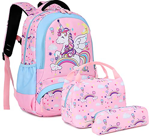 A AM SeaBlue Licorne Cartable Fille Sac à Dos L'école Primaire 3 en 1 Sac à Dos Enfant Scolaire Sets de Sacs Mignon(Rose)