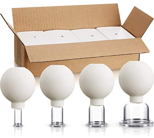 BBTO 4 Pieces Glass Cupping Set Glass Silicone Cupping Cups Massage Vacuum Suction Cupping Cups for Body Face Leg Arm Back Shoulder Muscle and Joint Pain (White)
