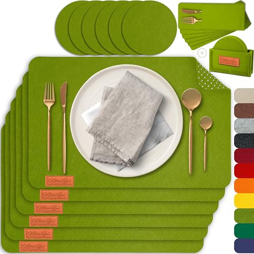 MAHEWA® 6er Set Premium Tischset Platzset aus Filz rutschfest Ab-waschbar und Waschmaschinenfest Eckige Platzdeckchen (Grasgrün, 6er Set mit Zubehör)