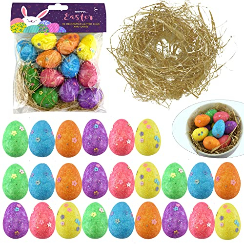 24PCs Easter Glitter Eggs 4cm/1.6 - Foam Eggs Easter with Grass, Easter Basket Filler Eggs for Home Decoration, Multicolour Eggs for Easter Party Decorations