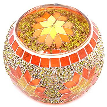 ANCLLO Mosaik-Kerzenhalter aus Glas, handgefertigt, Schneeflocken-Teelichthalter, Tischdekoration, Dekoration für Zuhause, Hochzeit, Orange