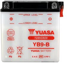 Motorradbatterie Yuasa YB9-B Dry - Trocken geliefert - 12 V 9 Ah - Maße: 137 x 76 x 140 mm kompatibel mit PIAGGIO D-M-B-NRG 2T H2O POW 50 | Trockenbatterie ohne Säurepack, Vergleichstypen YB9-BS, CB9-B, FB9-B, EB9-B, 12N9-4B1; 115 A Kaltstartstrom, Entgasung rechts
