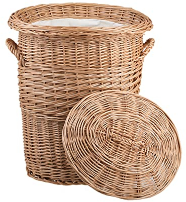 e-wicker24 Panier a linge, corbeille en osier,sac a linge, bac à linge en osier naturel avec une doublure à l'intérieur (Classique 40 avec doublure)