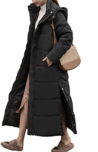 Tjock lång dunjacka för kvinnor, lång pufferrock, vinter, vadderad dun, bomull, quiltad maxi-jacka med huva, ytterkläder parkas, damvinterjacka med huva, Svart, XL