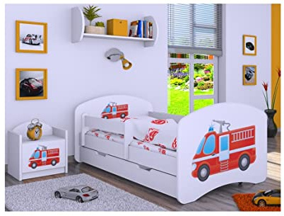 BDW Kinderbett mit Matratze und Bettkasten - NEU, 140/160/180/190 Verschiedene Motive Für Junge Weiß (Feuerwehr, 160x80)