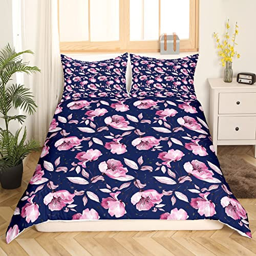 Rosa Blumen BettwäSche Set 155 x 220 MäDchen Kinder Teenager Aquarell Lilie Blume Bedruckt Bettbezug BlüTenblatt Blumengarten BläTter Weiche Bettbezug mit 1 Kissenbezug Geschenke Für Frauen Lila