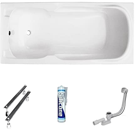ECOLAM® Badewanne Wanne Rechteck Majka Design Acryl weiß 120x70 cm + Ablaufgarnitur Ab- und Überlauf Automatik Füße Silikon Komplett-Set Wanne