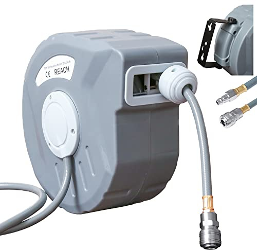 Izrielar 10m Druckluftschlauch Aufroller Automatisch, Schlauchaufroller mit 1/4 Anschluss, Automatisches Aufrollen 180° Schenkbar, Druckluftschlauch-trommel für Wandmontage