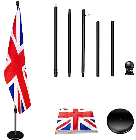 Asta per bandiera per interni con base, 200 cm-252 cm sollevata e abbassata per regolare l'altezza, la base aggiunge peso, aste ruotano di 360 gradi, bandiera del Regno Unito 90 x 150 cm. Adatto per
