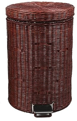Wicker Trash Can with lid Bathroom, Slow Down Silent Pedal Garbage Bin with Lid, Removable Liner Bucket Wastebasket, Round Rattan Garbage Can Trash Bin, for Bathroom Living Room Kitchen (Color : brow