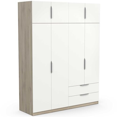 Demeyere Armoire Dressing Avec Penderie Moderne 8 Portes 5 Etagères 2 Tiroirs – Coloris Chêne Kronberg & Blanc Mat - 157,3 x 51,1 x 203 cm