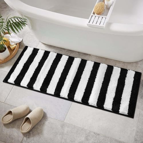 Sivilife Schwarz-weiß gestreifter Läuferteppich, waschbar, rutschfest, Badematte für Badezimmerboden, wasserabsorbierend, lang, geometrisch, weich, Läufer für Badezimmer, Dusche, Badewanne,