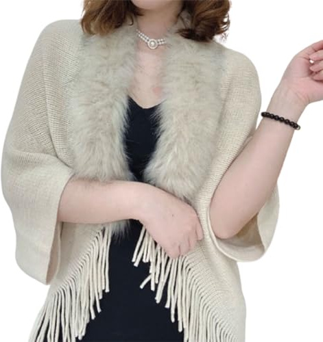 Tseonmis Strick-Umhang mit Fransen und Pelzkragen, gestrickter, lockerer, verdickter Schal für Damen, Winter-Strickschal mit Fransen und Pelzkragen, Tücher und Wickel für Abendkleider (Beige)