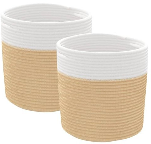 vidaXL Aufbewahrungskorb 2 STK., Wäschekorb Geflochten Faltbar, Rund Flechtkorb Korb mit Griffen, Wäschesammler Spielzeugkorb, Beige Weiß Ø28x28cm Baumwolle