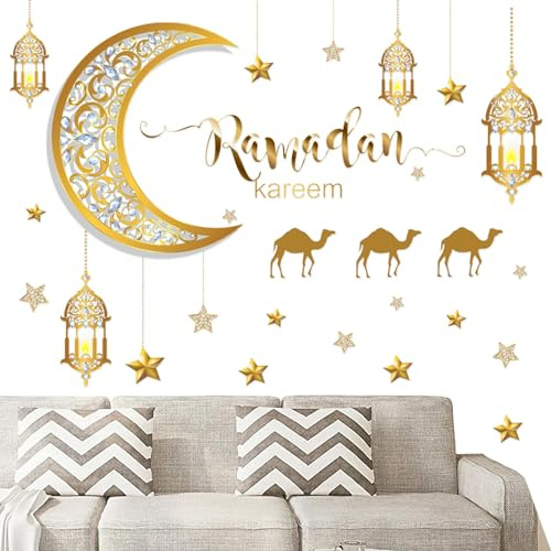 Seasboes Ramadan Aufkleber Wanddekoration, Wandaufkleber Eid Mubarak, Ramadan Halbmond Aufkleber, PVC Wandkunst Dekoration, Selbstklebend, Hochglänzend, Islamisch, Innenraum, 1 Stück