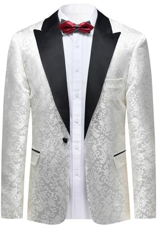 Allthemen Mens Casual Blazer Floral Jacquard Suit Jacket Paisley 1 Button Blazer Slim Fit Dress Tuxedo for Wedding White 3XL