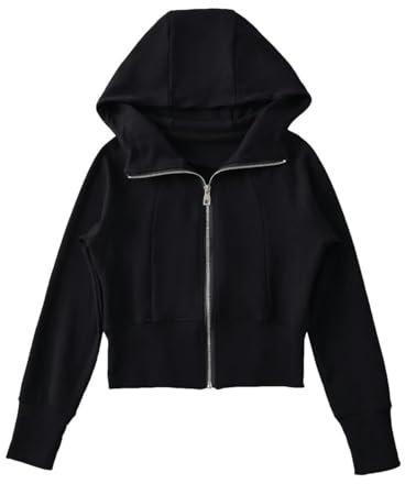 Neue langärmlige Fleece-Sweatjacke mit Bündchen und kurzen Knebelknöpfen und Kapuze – Schwarz – M