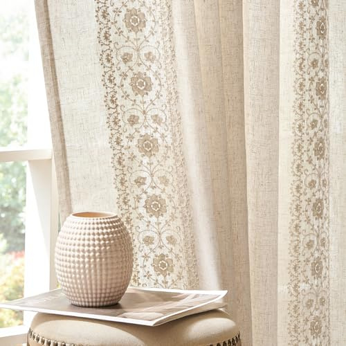 Vangao Tende per Interni in Misto Lino Beige Naturale Tenda Camera Da Letto Ricamata per Finestre Soggiorno Moderne 140 x 245 cm 2 pezzi in stile bohemien per casa Ufficio bambini cameretta