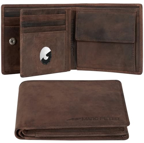 Marc Peter® Florida AirTag Wallet mit Münzfach und RFID-Schutz | AirTag Geldbeutel | Apple Airtag Portemonnaie | Vintage Braun Geldbörse