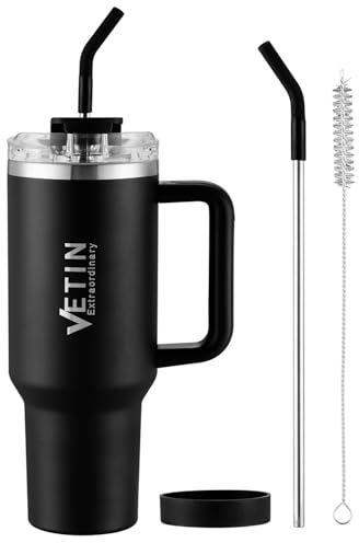 VETIN 40oz Thermobecher mit Strohhalm und Henkel, 1200ml Kaffeebecher to Go, Doppelwandiger Edelstahl Vakuum Isolierbecher, Tragbare Autobecher für Kalte Heiße Getränke (Schwarz)