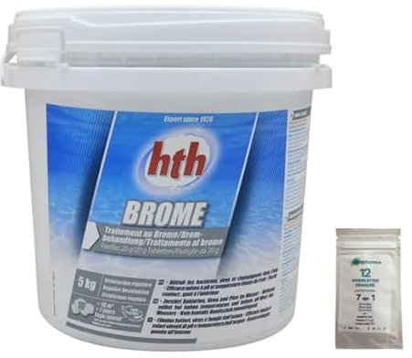Easypiscine Brome Lent HTH® désinfection régulière - pastilles/Galets 20 g - 5 kg + 12 Tests OFFERTS 7 en 1