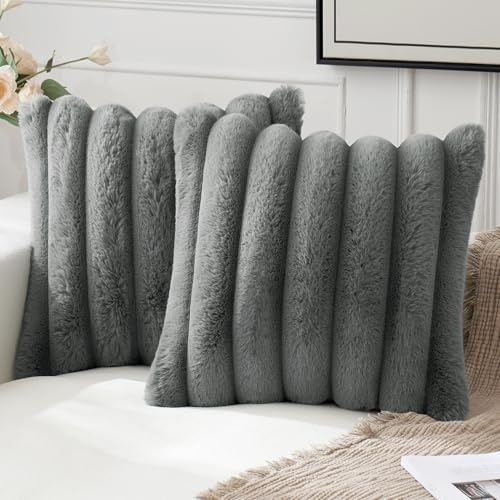 MIULEE 2er Set Kissenbezug 50×50cm Grobstreifen Plüsch Dunkelgrau | Grobstrukturierter Plüsch Weich Kuschelig Pflegeleicht Dekorativ für Sofa Wohnzimmer Schlafzimmer und Kinderzimmer