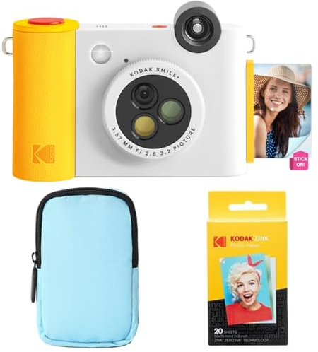 KODAK Smile+ 2-in-1 Fotocamera & Stampante Foto Bluetooth - Pacchetto Iniziale + Custodia Deluxe + Carta Zink 20pz - 10MP - Bianca