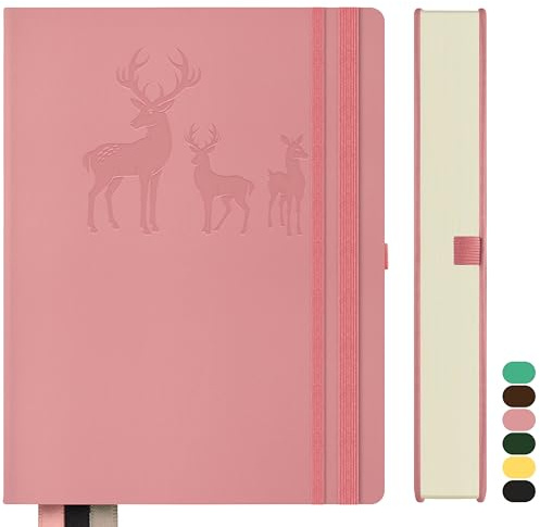 Qefuna Notebook B5 Fodrad, Bullet Journal B5 Tjockt anteckningsblock, 300 sidor, inbunden läderanteckningsbok, 100gsm fodrat papper för kvinnor män Kontor skoldagbok, 19 x 25,5 cm, Rosa