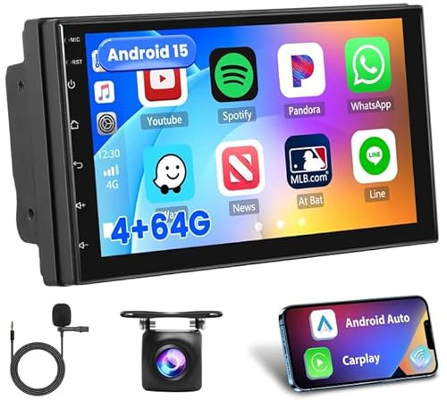 Hikity 4+64GB Android Autoradio Double Din 7 inch Touch Screen, Carplay Android Auto Radio avec GPS Navigation/Mirror Link/Bluetooth/DSP+AHD Caméra de recul