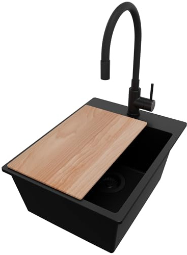 PRIMAGRAN Evier Cuisine en Granit au Meuble 40cm + Robinet, 38x50cm | Set: Robinet BW6020 + Kit de Vidage + Planche à Découper + Lavabo 1 Bac - Riga, Tout Noir