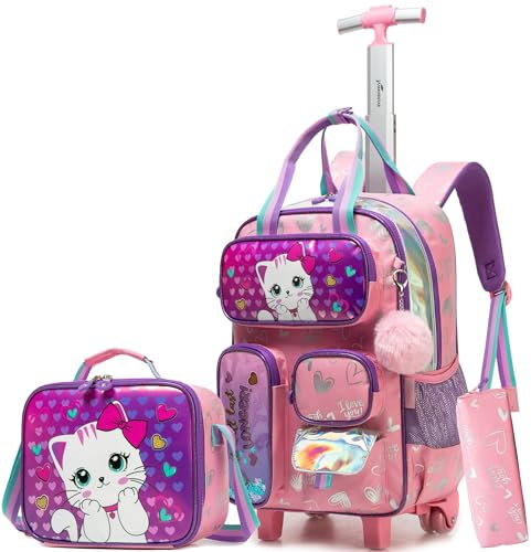 HTgroce Schulranzen mit Rollen, Rucksack mit Trolley für Kinder, für Schule, Reisen, Schulranzen Trolley Mädchen