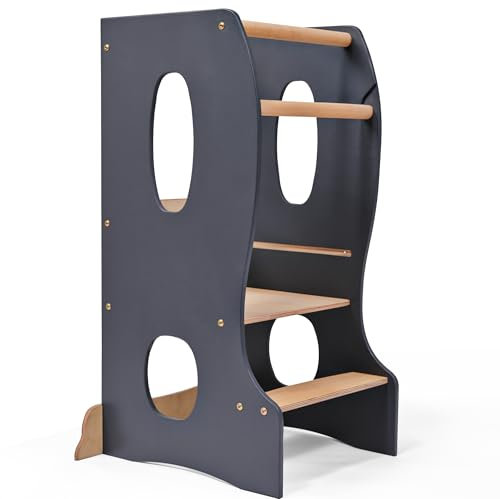 Lernturm Montessori – Höhenverstellbarer Kinderstuhl aus Holz ab 1 Jahr – Sicherer Steh- und Lernturm für Küche, Spiel & Lernen (Graphite)