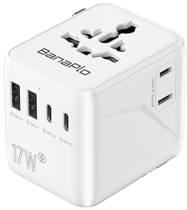 Banaplo Universal Travel Adapter, Worldwide Travel Plug Adapter with Extra US Socket, 2 USB-C and 2 USB-A Ports, All in One International Travel Adapter for UK, EU, USA, Australia etc.