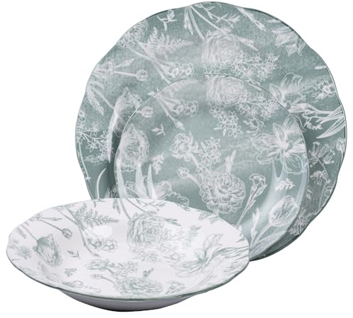 Vajilla de 18 piezas de porcelana, 6 comensales, decoración floral, verde, Fleurette