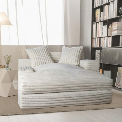 BNCKTRD sofá cama de pana grande con función de dormir, 135 x 152 x 80 cm, chaise longue tapizado con 2 cojines decorativos Bubble esquinero para salón y dormitorio beige