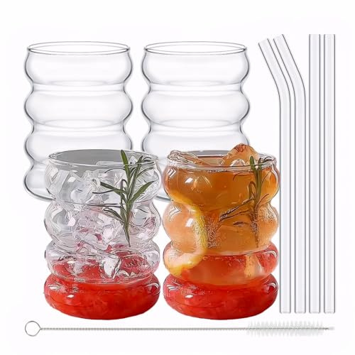 Kongming 4 PCS Smoothie Cup,350mL Aesthetic Glass Cups with Glass Straws Set and Straw Brush,Ripple Shaped Vintage Iced Coffee Cup,Drinking Glasses Ribbed Glassware for Cocktail,Water,Soda,Juice,Milk