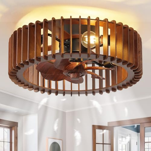 mnikopE Ventilatore da soffitto in gabbia da 20 pollici con luce, ventilatore a soffitto a basso profilo in legno con luce e telecomando, 6 velocità e reversibile, luci del ventilatore senza pale per