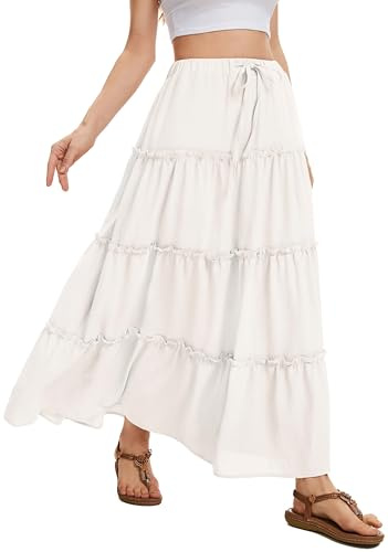 WUWUSKY kjol damer sommar maxi kjol elegant lång hög midja sommarkjol casual A-linje fritidskjol med 2 fickor, Vit, M