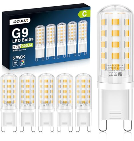 3.2W G9 Led Bulbs Warm White, Energy Class C, 34 LEDs 520LM G9 Bulbs 5 Pack | Equivalent to 40W-50W Halogen, 2700K AC 220-240V No Flicker Non-Dimmable Energy Saving G9 Light Bulbs for Home Lighting Decor