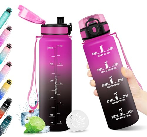 KollyKolla Gourde 500ml, Bouteille Motivation Étanche, Bouteille avec Filtre sans BPA, Gourde Sport avec Marqueur de Temps, Réutilisable pour Enfant, l'école, Sport, Bureau, Yoga, Camping