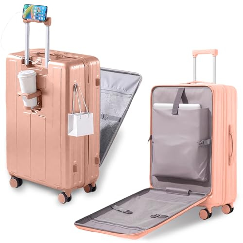 Gets Bagage à main approuvé par les compagnies aériennes, bagage à dos rigide de 50,8 cm + PC avec porte-gobelet pour téléphone et chargeur USB, poche avant durable pour homme et femme, rose, 20INCH