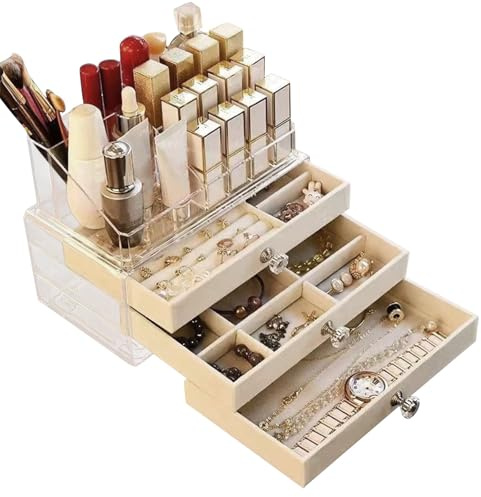 Caossuixin Schmuckaufbewahrung, Schmuckkästchen mit 3 Ebenen und 1 Lippenstifthalter, Schmuckkasten, Schmuckaufbewahrung Groß, Schmuck Organizer für Ohrringe, Halsketten, Armbänder, Uhren, Kosmetik