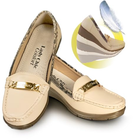 Zapatos señora Lady Chic Confort Fáciles de Poner: Ajustables. Horma Ancha: Flexibles. Plantilla Piel Acolchada. Cómodo Tacón de Cuña de 3,5 cm. Elegantes, Versátiles: 24 Horas de Comodidad