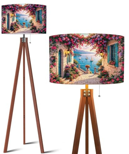 Wood Tripod Floor Lamp Flower Arch Mediterranean Coastal Village Alley Sea View Sailboats Mid Century Standing Lamp Linen Shade Dimmable Modern Tall lamp Home Decor for Living Room Bedroom Office
