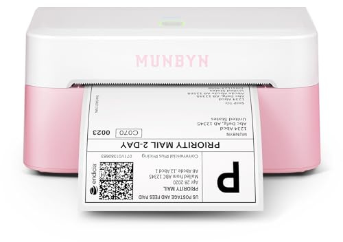 MUNBYN RW403B fraktetikettskrivare, ny DAC-teknik, automatisk kalibrering, för frakt- och försäljningsplattformar samt kontors- och logistiketiketter, rosa