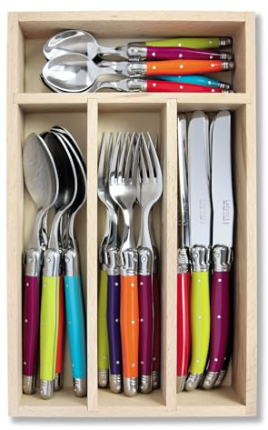 Andre Verdier Laguiole 24 Piece Cutlery Set in Wooden Presentation Tray, 100% Made in France - Multi-Colour